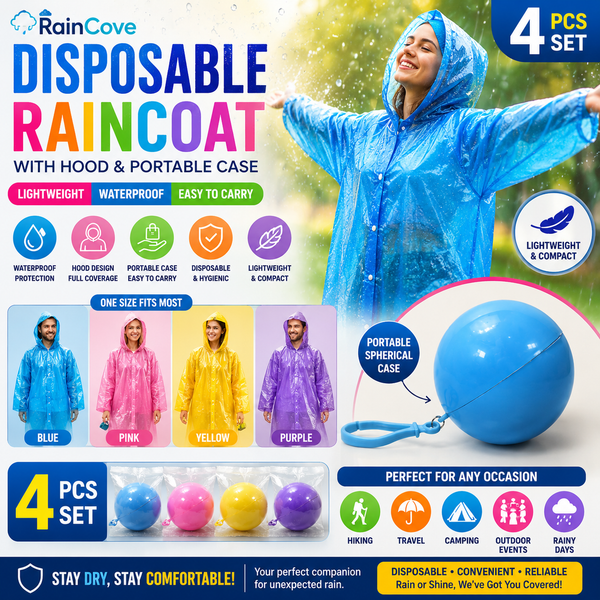 disposable raincoat with hood & portable case - 4 PCS